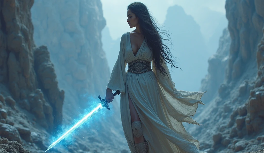 Most beautiful woman in the world with Indian roots, green eyes, naked, on the moon with a lightsaber, fighting against druids