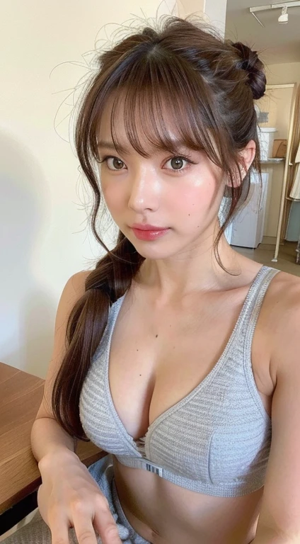 ((Best quality, 8k, Masterpiece :1.3)), 1girl, Pretty woman with emphasizing slender abs :1.3, (random hairstyles, Huge breasts :1.5), Wet clothes :1.2, Ultra-detailed face, Detailed eyes, Double eyelid