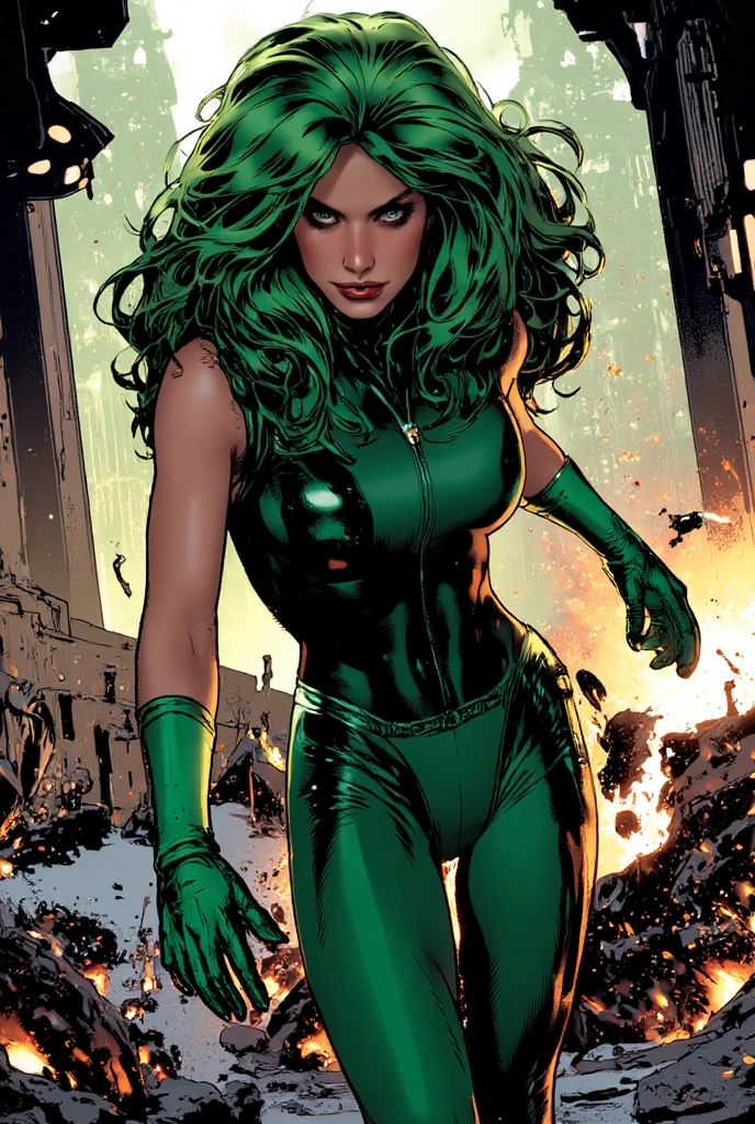 official art, masterpiece, Lorna Dane, Polaris,1girl, solo, makeup, lipstick,  long hair,  breasts, cleavage, bodysuit, cape, green leotard, midriff, portrait, ultra detailed, subsurface scattering, semi realistic, cosplay, specular highlights <lora:Polaris-10:0.8>