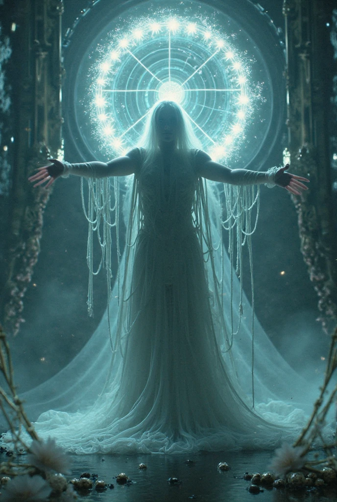 A 17 year old girl, albino, light and yellow eyes, very long hair that reaches the floor, superior celestial clothing, cyberpunk style, dark setting, she wears an elegant satin mandala, 3070s, she looks like a deity, an oracle, She is sitting on the floor as if in an oriental geisha pose, her hair is so long that it takes up much of the floor, her hair is white, she has a purple symbol tattoo on her forehead, a wide view allowing us to see her entire body, fullbody, wide view, distant view, 8k, realistic, dystopian, ultra realistic, premium photo