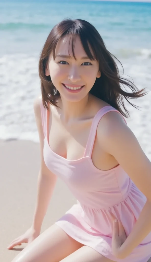 A 20-year-old as cute as an idol、Smiling Kindly、Medium size chest、Cleavage、((Running on the beach))、(Beautiful beach sand)、Daytime、Full body portrait、RAW Photos、Genuine、realism、live-action、RAW Photoasterpiece、Highest quality