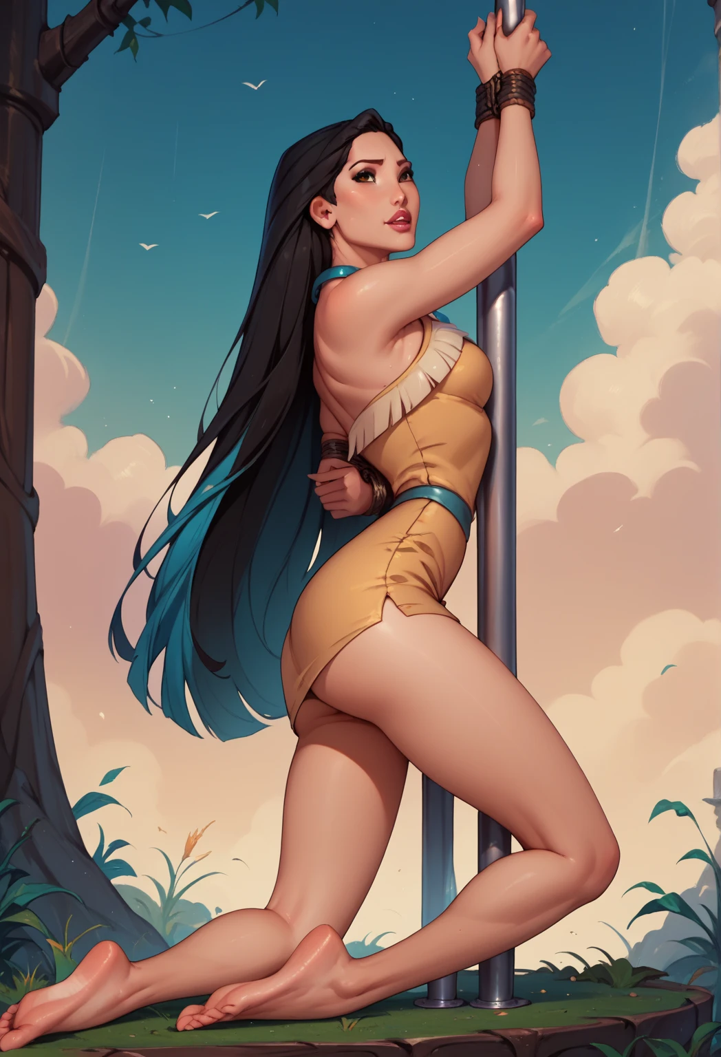 1girl, loli, flat chest, long hair, (parted bangs:1), roman garden, artificial fountain, outdoors, full body, erect nipple, red bow tie, (curvy hips:1.2), red camisole, blue eyes, (dark skin:1), (shiny skin:1), (slim waist:1.3), bare hips, standing, white gloves, elbow gloves, landscape shot