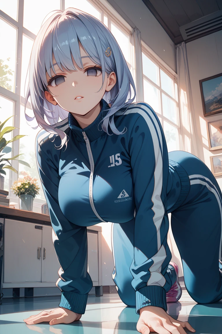 (masterpiece, best quality), 1girl, close-up face, (from front:1.2), (on all fours on the floor:1.2), (looking down:1.2), break girl, casual,Gym suit、Wearing a jersey、school gym、 (bra:1.2), breast gap, medium breasts, hanging breasts, downblouse,Nipples are visible、Not wearing a bra、Leaning forward、Silver hair, very short hair, slanted eyes, medium breasts(C Cup)-Pale blue eyes、、8K, highest quality, masterpiece, Ultra-detailed、full lips、、、Blushing、lipstick、Perfect hands、Detailed hand、、young face、、full lips、Pale blue eyes、、perfect hands、detailed hands,、Smile、smile、gymnastics matの上、gymnastics mat、Gym suit,Wearing a jersey、Wearing spats