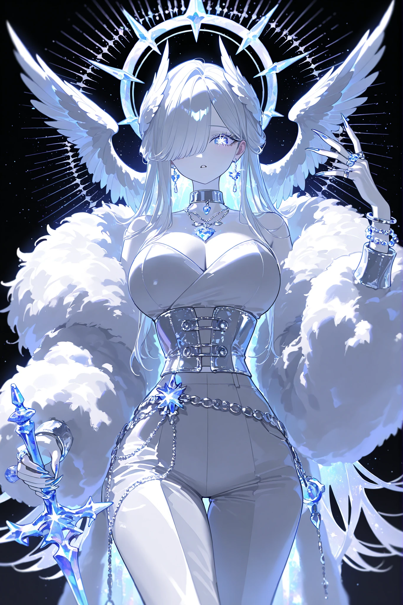 (xxx667_illu,)(feathered head wings, demon head wings, [color] head wings, multicolored head wings ,)The winged woman is angel. She has a mature bodybuilding  with big breasts , thin waist and wide hips. She has sparkling white skin. She has fluffy feathered winged ears on her head. She has long diamond manicured claws.  She has long white hair combed to one side and part of her long bang over one eye covers half of her face. She has white pearly eyes with starry sparkling star-like pupils. She has two huge mother-of-pearl angelic wings on her back and  diamond halo above her head. She is dressed in a white outfit: a silver corset, bell-bottomed pearly white trousers, a silver belt with pendants, and a white short furry arctic fox fur coat. She has a lot of silver jewelry with large diamond earrings,crystal pendants on a silver choker, a bracelet, and rings with diamonds.   She carries with her a short crystal throwing dagger blades with a silver hilt. On the background: The starry night sky, the silver balcony of the palace.