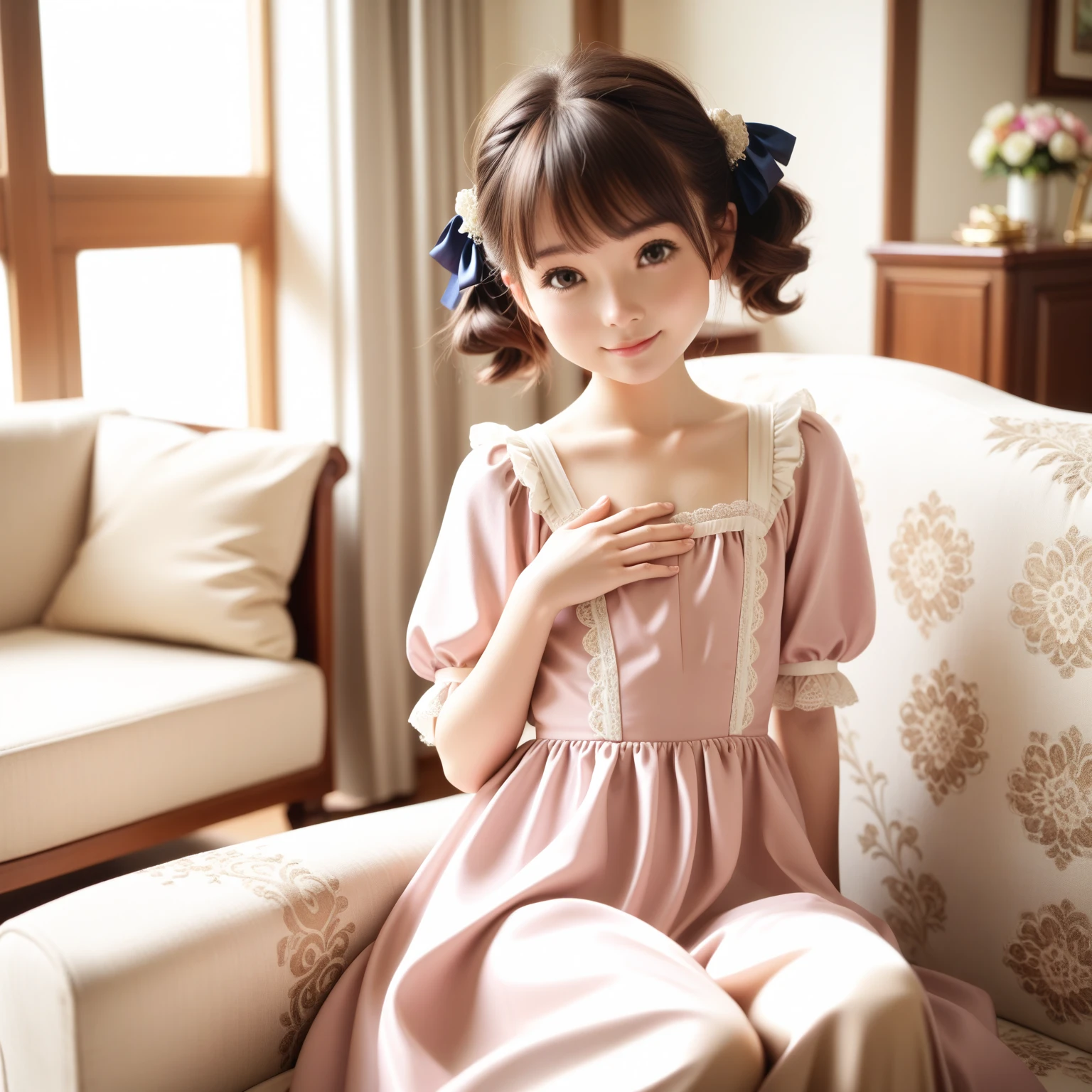 anatomy、Chic room、one girl、focus on girl、brown hair、braided hair、Dress relaxed、Room wear、cute face、16talent、Natural color clothing、完璧にblurred background、Calm room、sitting on a pink chair、highest quality、best image quality、ultra high resolution、Super detailed、8k、cinematic lighting、professional photographer、miniture、blurred background、Depth of bounds written