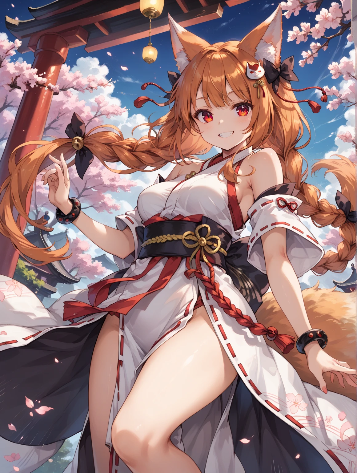 (masterpiece, best quality:1.2)((coral brown hair))((emerald green eyes)),solo,1girl,monika(doki doki literature club), animal_ears,(standing_fox_ears),hair_between_eyes, miko_clothing, japanese_clothing , sleeveless_shirt, ((sexy_miko_clothing)), (fox shadow puppet hand pose), (one leg up)
