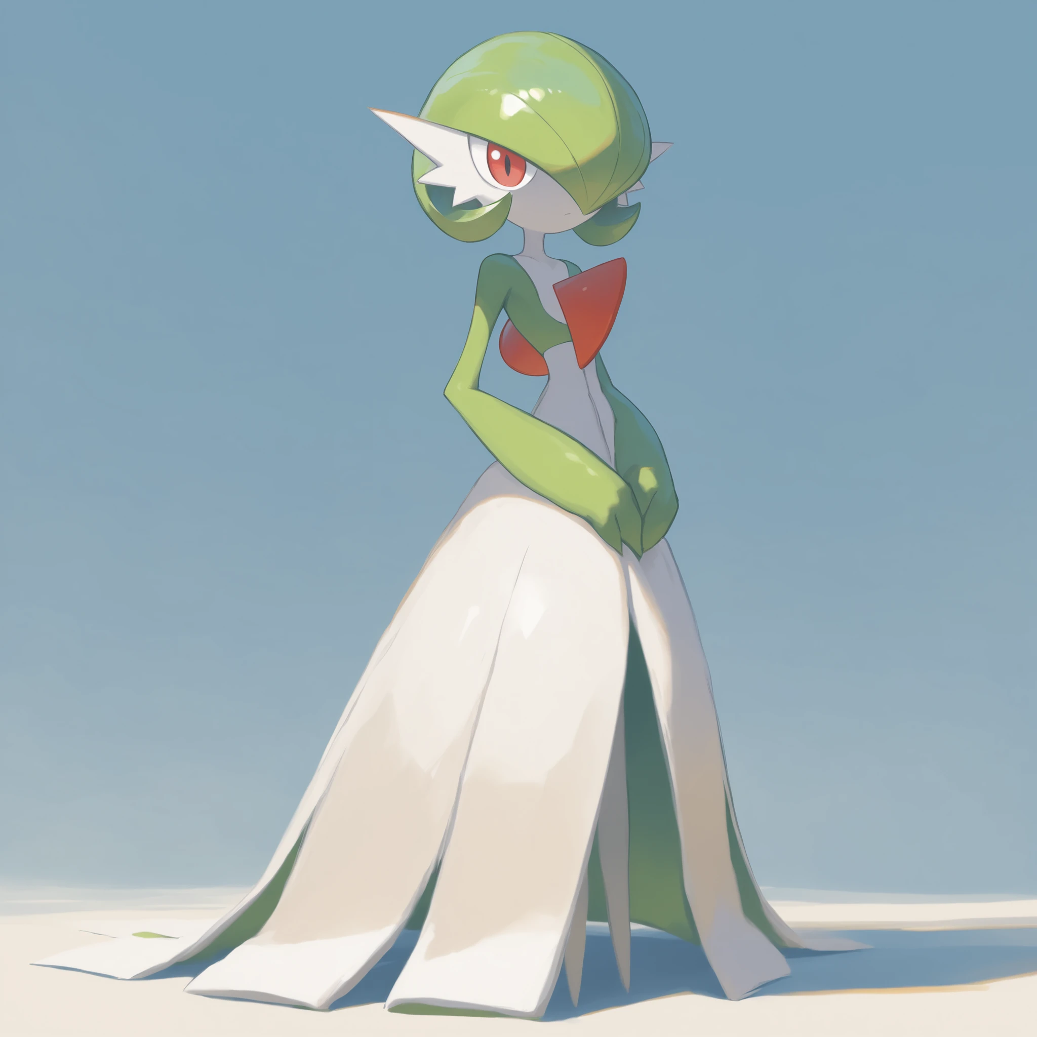 masterpiece, ultra-HD, impressionism, high detail, best quality, very aesthetic, 8k, best quality, beautiful, Gardevoir, 1girl, solo, pokemon (creature), white skin, green hair, short hair, red eyes, white dress, green sleeves, slim, serious, cute, hands on lap, standing, full body, looking at viewer, simple background, front view