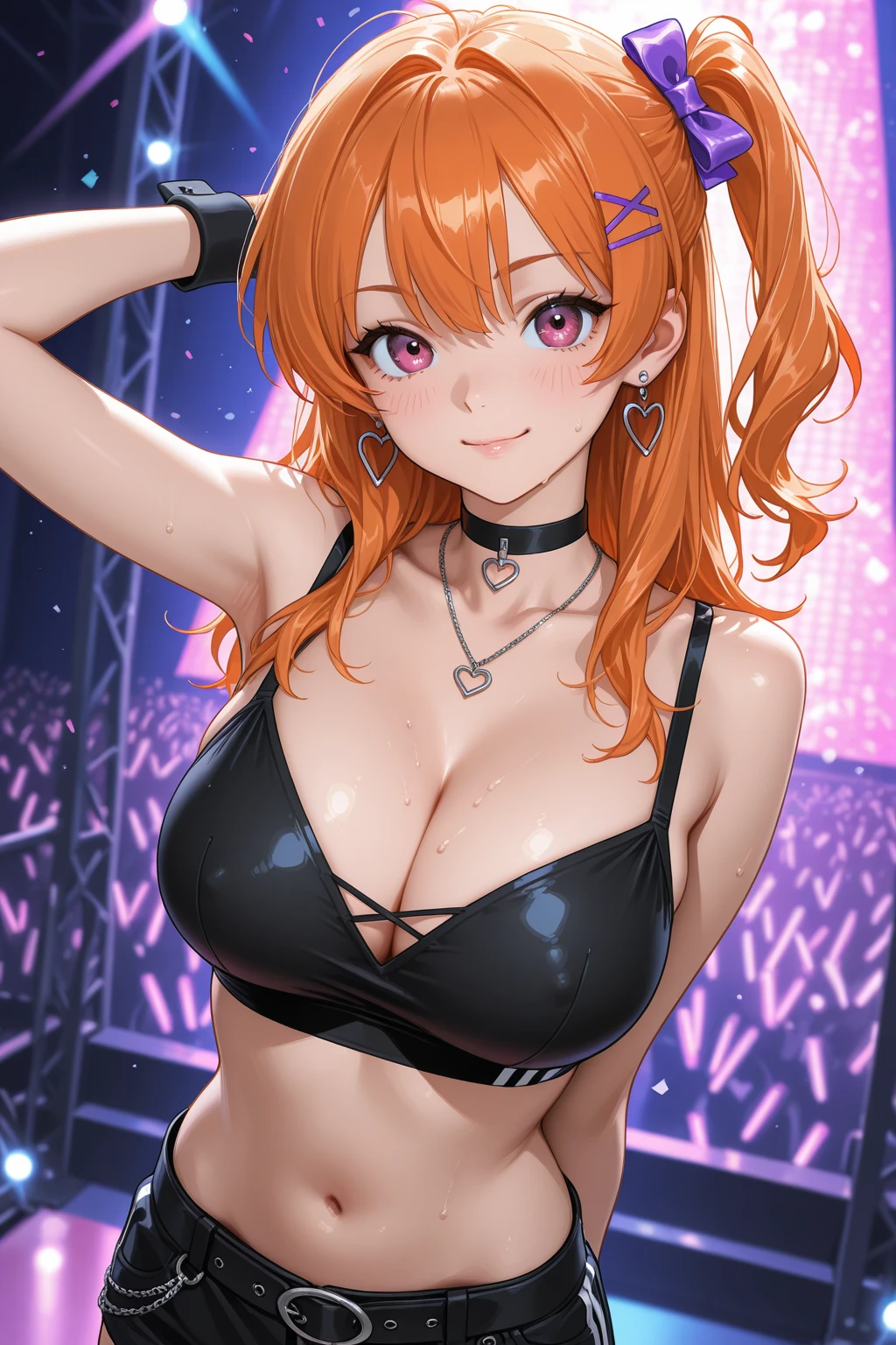 (Best quality:1.3), asuna yuuki, orange hair, busty, glossy yellow bikini, blushing:1.3, (pov, close shot), armpits, curvy body, spotlight background, smiling