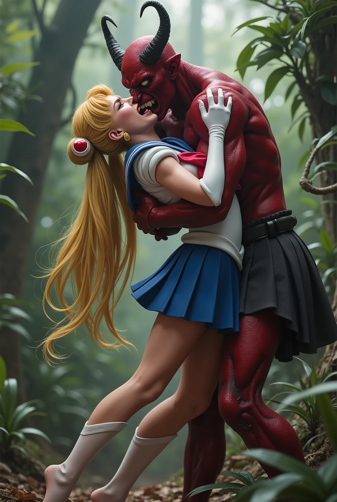 Hyperrealism, masterpiece, highest quality, A young Japanese woman is bending down and hugging from behind by a devil, ((she is crying and screaming in pain)), tears from her eyes, painful face, she is wearing a Sailor Moon costume, Blue sailor collar, Blue short mini pleated skirt, she is wearing a very short blue mini pleated skirt, (upskirt:1.8), Long white gloves, shiny beige color pantyhose, Exposed thighs, red long boots, big choker, long blonde Hair, a devil is standing sexual assault her from behind, the devil is hugging her tightly and push his private part into her body, in the jungle,