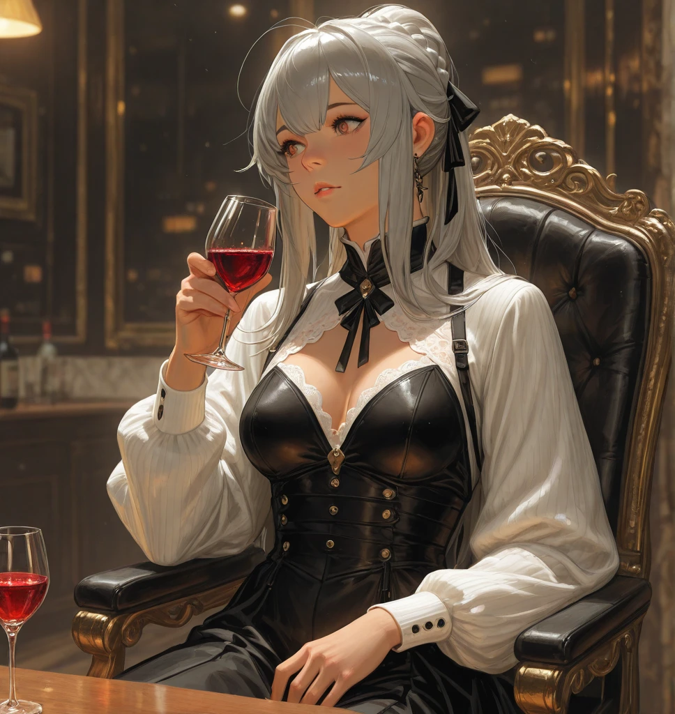 Silver-white hair, wolf cut hair, under-frame glasses, ice-coloured eyes, narrow eyes, teardrop mole, ball gown, male, 27 years old, luxury sofa, wine glasses, red wine bottle 