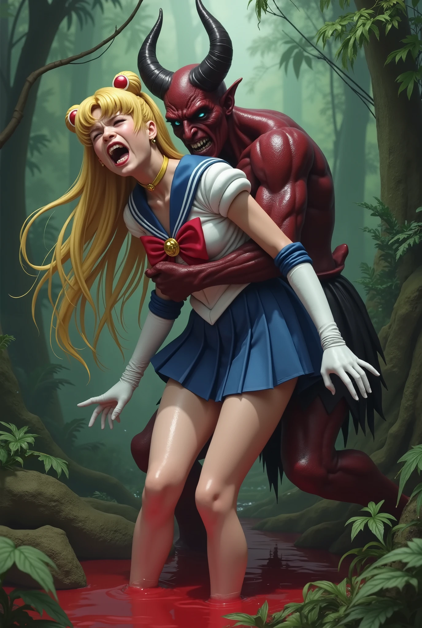 Hyperrealism, masterpiece, highest quality, A young Japanese woman is bending down and hugging from behind by a devil, ((she is crying and screaming in pain)), tears from her eyes, painful face, she is wearing a Sailor Moon costume, Blue sailor collar, Blue short mini pleated skirt, she is wearing a very short blue mini pleated skirt, (upskirt:1.8), Long white gloves, shiny beige color pantyhose, Exposed thighs, red long boots, big choker, long blonde Hair, a devil is standing sexual assault her from behind, the devil is hugging her tightly and push his private part into her body, in the jungle,