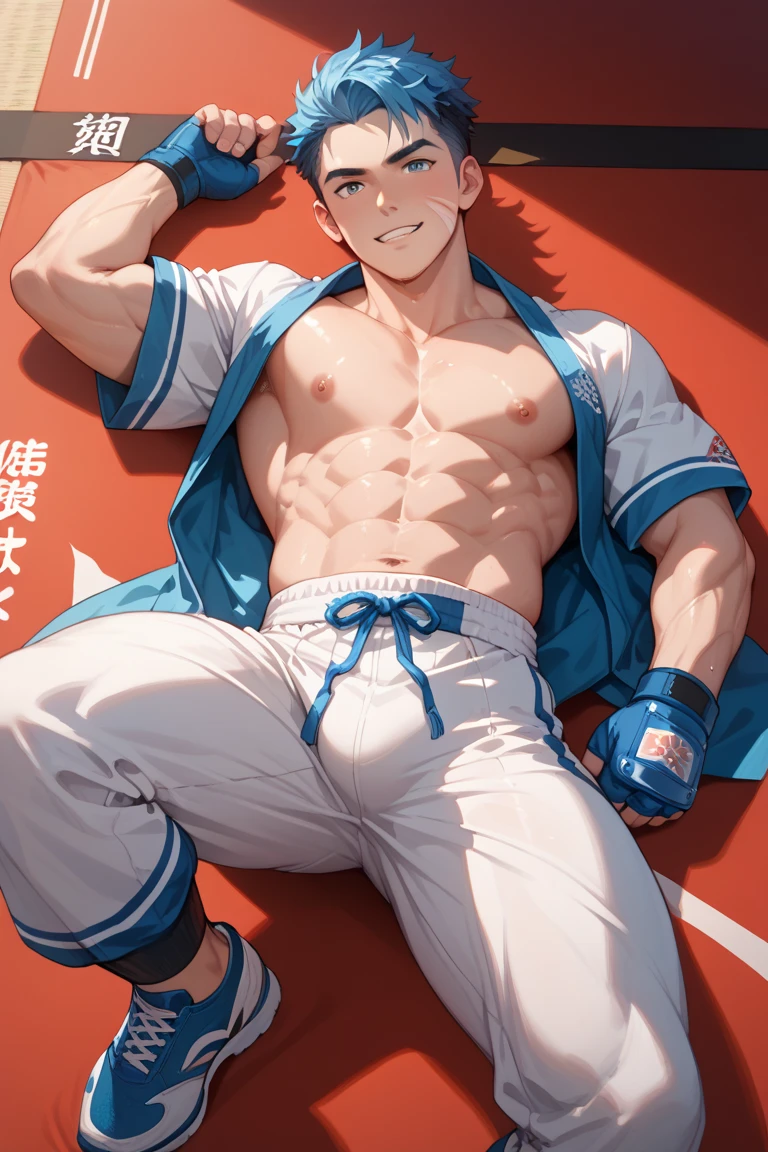 shirtless, super muscular, sweat-drenched body, dripping with sweat, 22-year old short black hair handsome caucasian male wearing sweat-drenched white boxing shorts and boxing shoes, panting, sitting on the bench, very exhausted, drenched with sweat, towel, bottled water, in the locker room