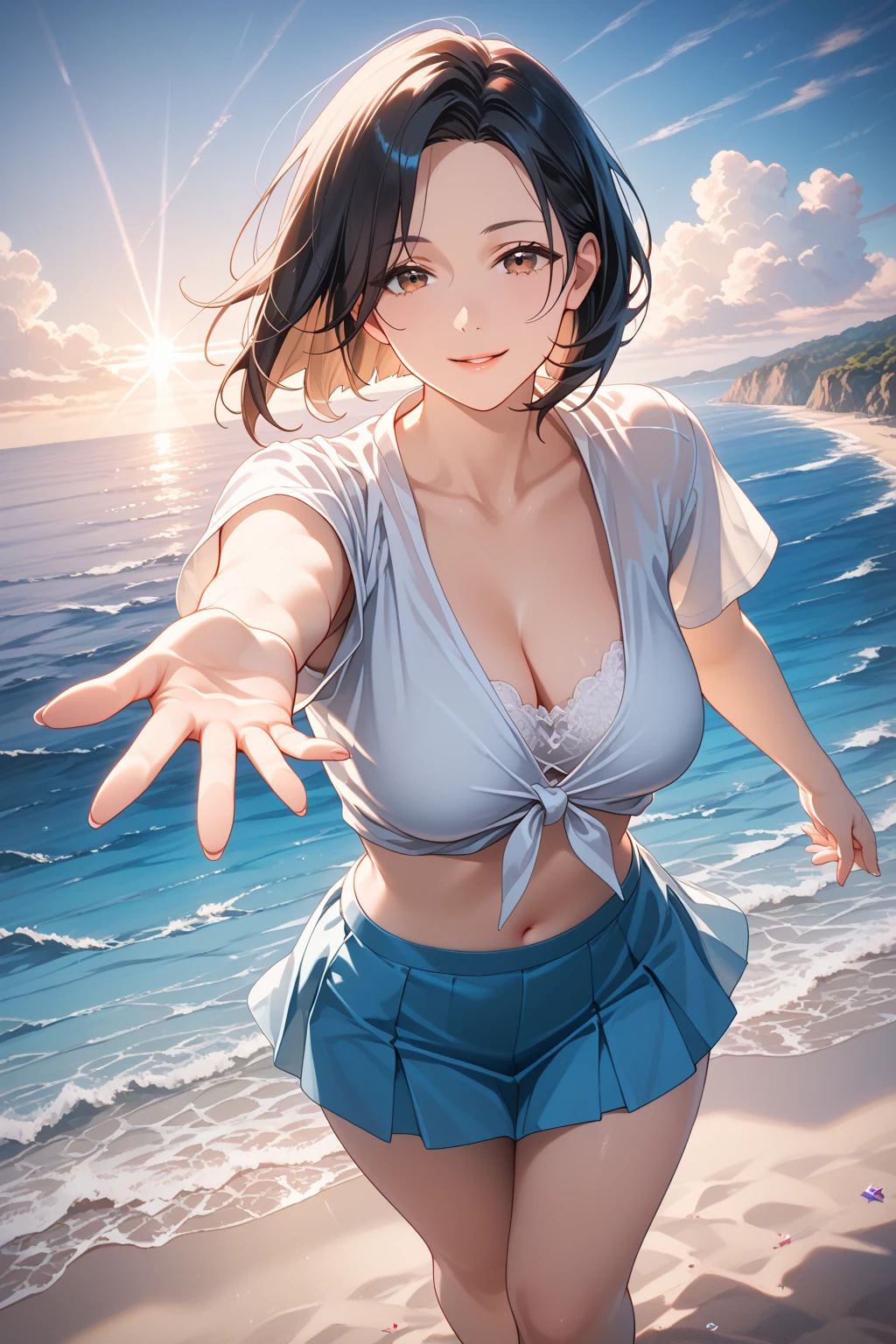 1girl,cute,take a photo,say cheese,peace sign,perfect finger,smile,big breast,cleavage,sunset,brilliant sea