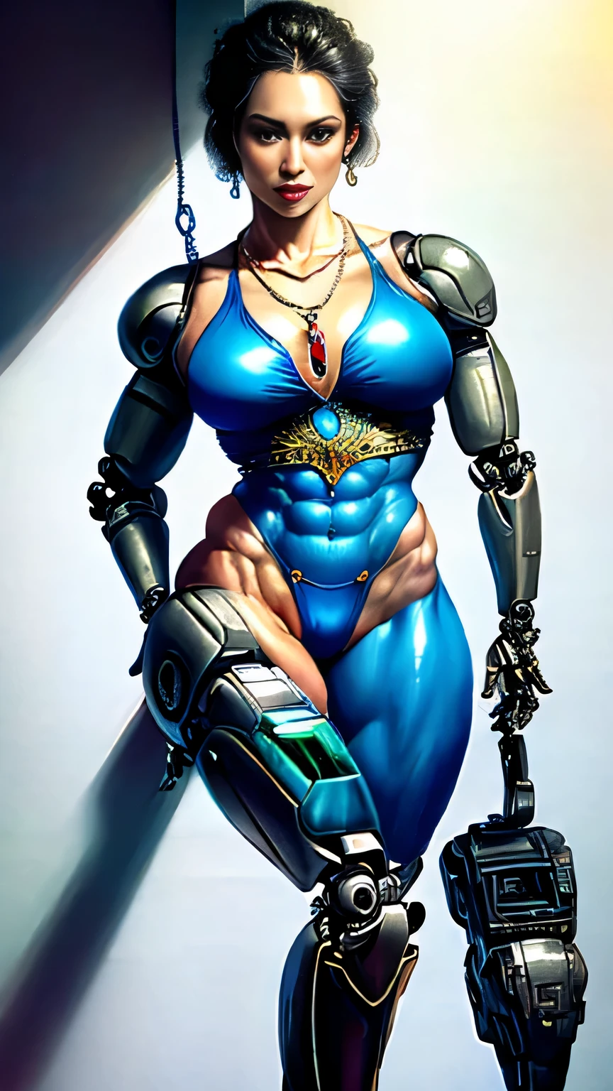  Generate an illustration of a mature ((Jade Cargill)), ((wwe)),  silver hair ,  (black skin), colored skin, dark skin,de terno preto, (bikini:1.3), short hair, hair combed back, (gigantic breasts:1.1), in anime format with a serious style, (transparent sash around waist), ((white and black bikini)), black boots, gothic make up, masterpiece, ((dark lighting)), black background, (puffy lips),((slendered abs)), beautiful face,
