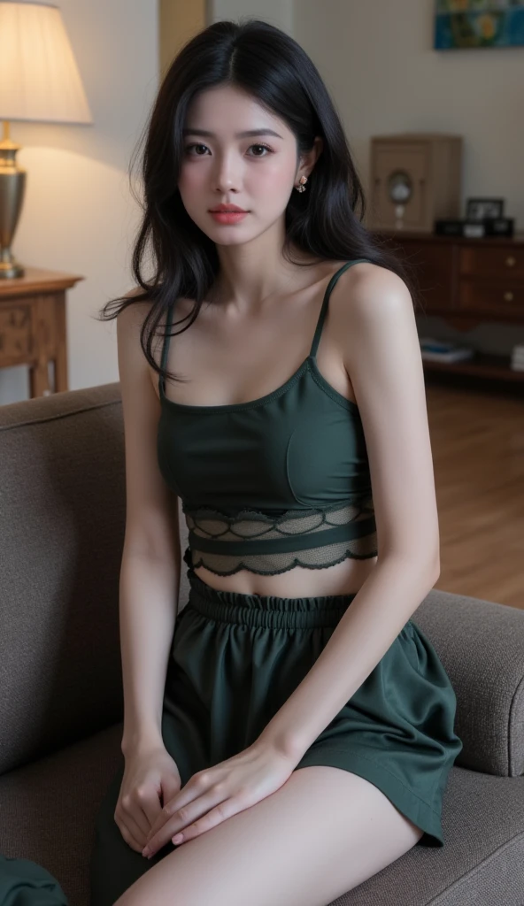 A black-haired woman poses enticingly at several prominent sites in South Korea. She is dressed in a green lingerie top and a short, sexy skirt, which perfectly complements her stunning look. Her captivating poses turn heads in these famous locations.