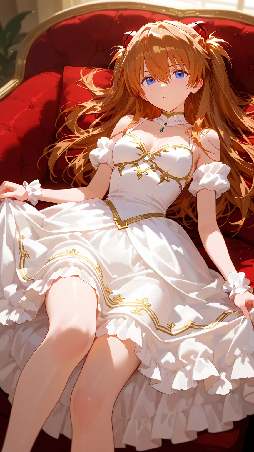 Pastel colors, serene, Extremely detailed, Whimsical, kawaii, adolable, Intricate in a whimsical field，Time dances between eras, envision a serene tableau. Behold a young enchantress, her hair a cascade of ethereal orange locks, contrasting delicately against her porcelain skin. She dons a frilled, Layered floral dress，Reminiscent of days gone by, an intricate tapestry of lace and silk. Within her boudoir, a room adorned with precious trinkets, plush fabrics, and dainty floral patterns, her innocence radiates like a budding flower in a sunlit garden.