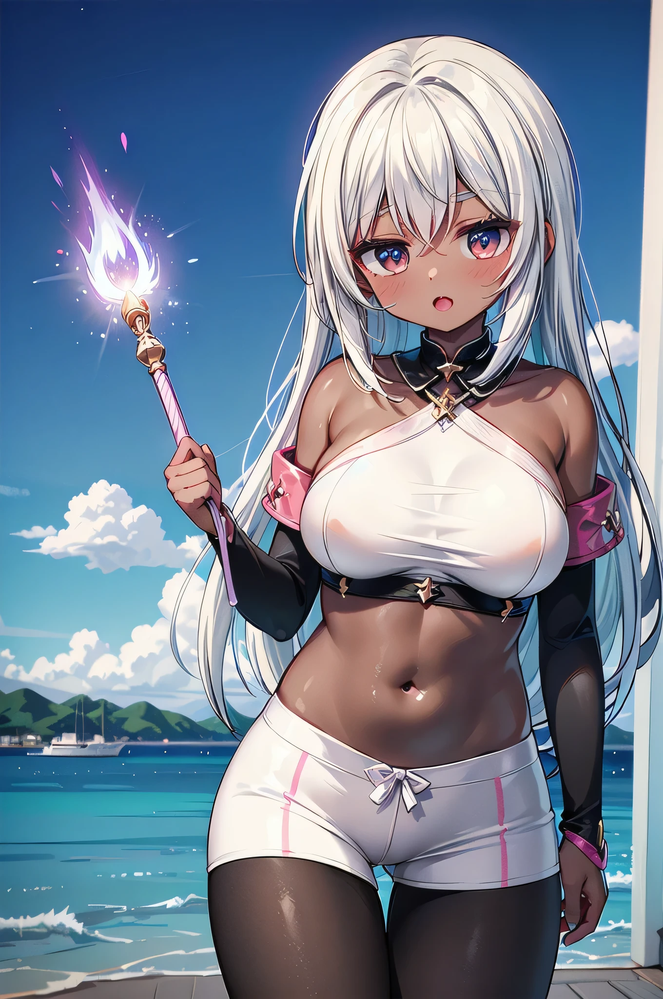Genshin Impact custom character, Original Character, Female, Busty, thicc, Samurai GF, Dark skin, White-haired ponytail, Black background,Full body photo,hands spread wide,Exposed swimsuit