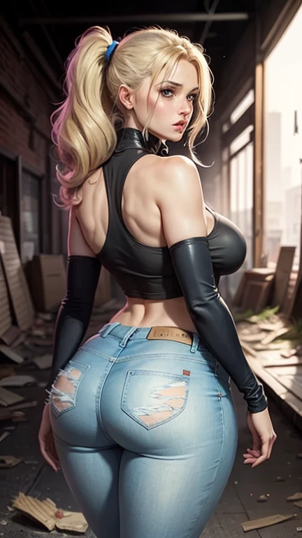 Scarlett Johansson, anime style, Pixiv, best quality, masterpiece, thirty one years old, white skin, brown eyes, red lips, long hair, Blonde hair, haircut, prison uniform, bare legs, black skirt, tattoo, curvy body, from behind, looking at viewer, strip club background, red lights, midnight
