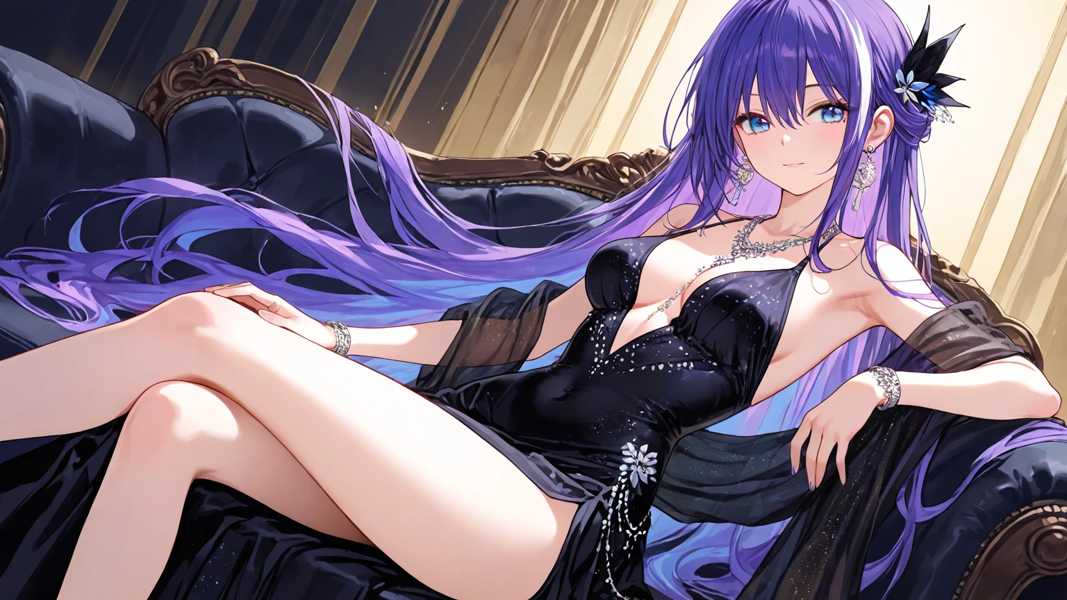 purple heart promise, black dress, 1girl, solo, breasts, gloves, elbow gloves, large breasts, looking at viewer, jewelry, sitting, earrings, finger to mouth, flower, blush, sofa, blush,no_panties, <lora:PurpleHeartPromiseV1:1>,barefoot,