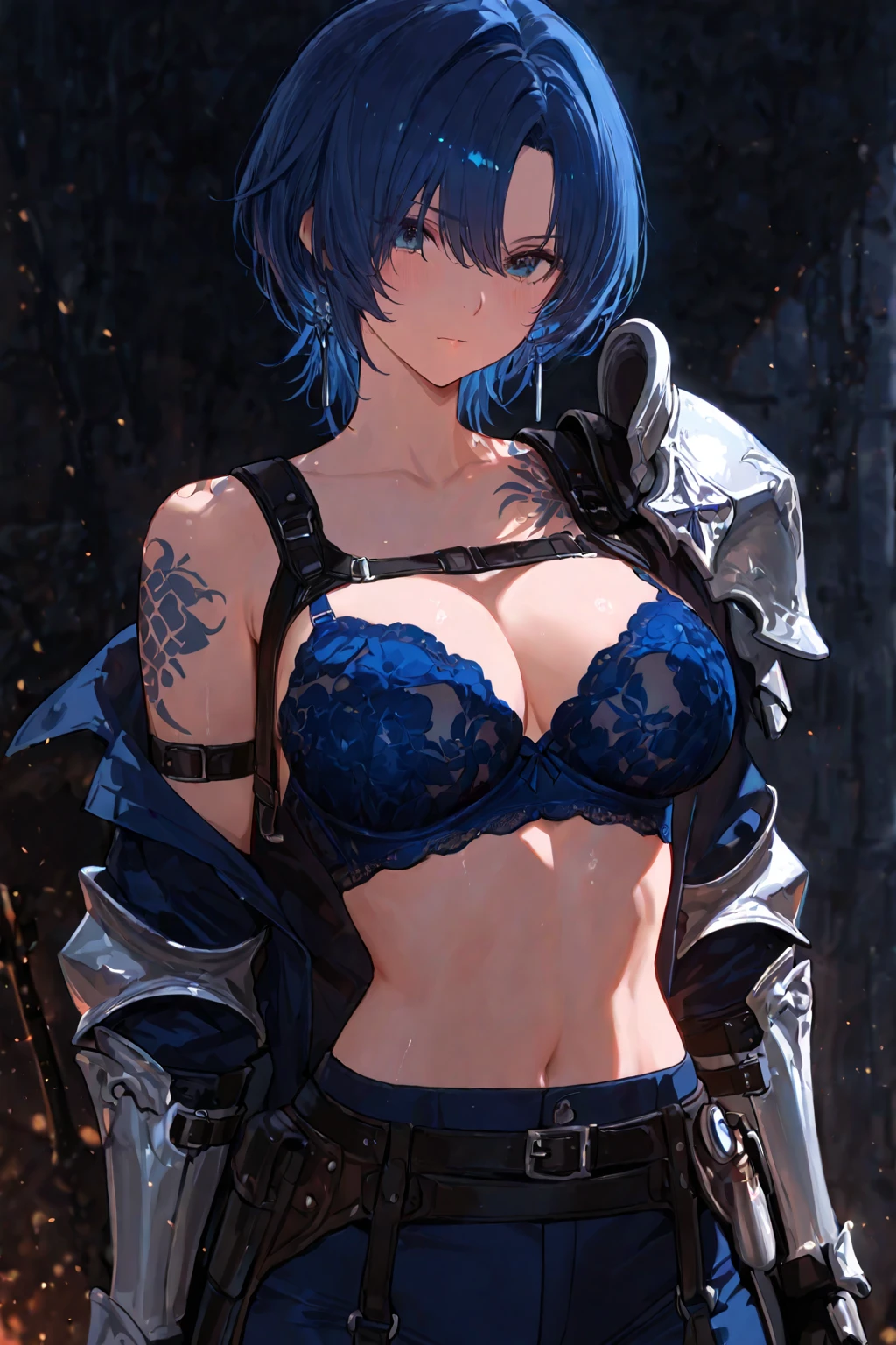 dark and gloomy whole body 8k uniform rendering,Mature sexy woman, blue hair, Wearing tattered armor, in a messy hut , action shots, tattered torn shirt, Cracking of porcelain skin, skin pores, Detailed and intricate iris, very dim lighting, heavy shadow, detailed, detailed face,full-body shot, (Energetic, Shoot real, actual, dramatic, dark, sharp focus, 8k)