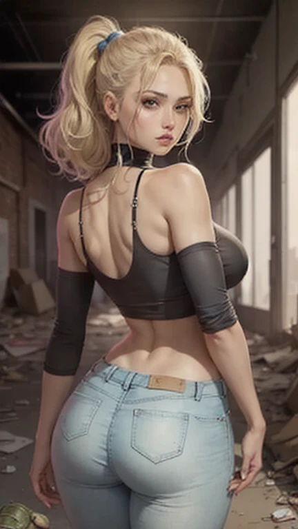 score_9, score_8_up, score_7_up, detailed, 1girl, (((busty:1.5))),solo, intricate details, chromatic aberration, realistic, long hair, blonde hair, hair buns, straight hair, hair over one eye, blue eyes, earrings, sharp eyes, red scarf, torn legwear, white tanktop, night, brick wall, graffiti, dim lighting, alley.