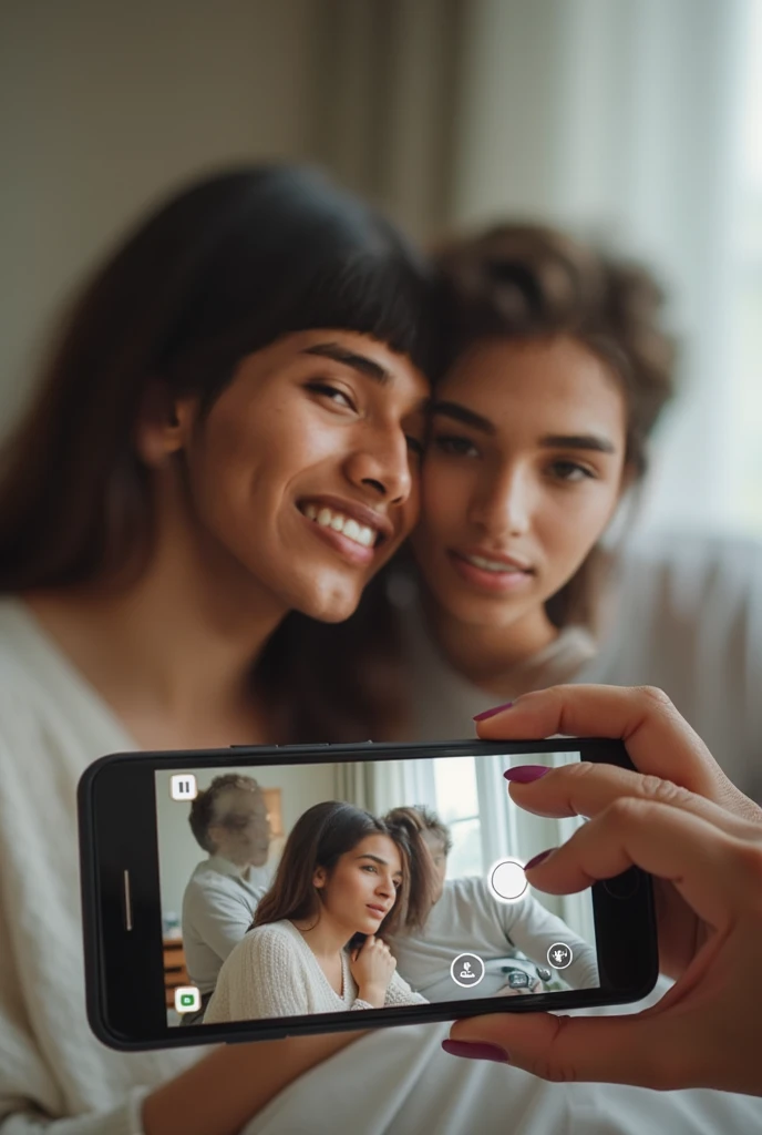 The image of an upset blonde porn star on a laptop screen. The laptop is beings viewed by a smiling sexy woman 