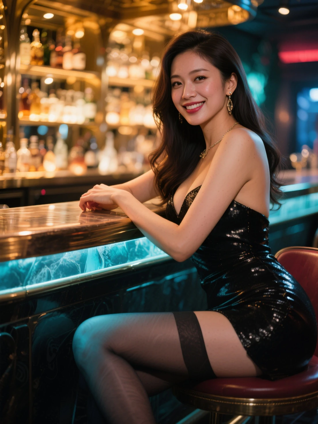 one, beautiful fashion model, cabaret nightclub hostess long dress, party makeup, big round breasts, full body, dynamic angle