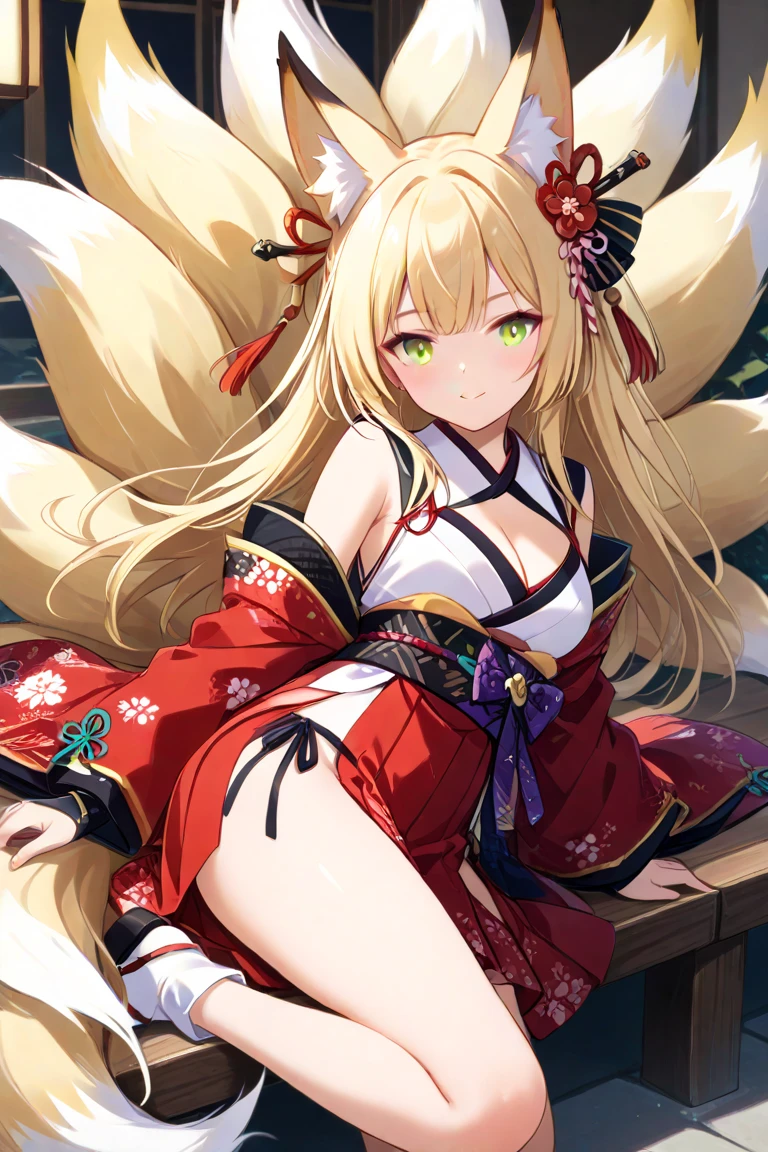 highest quality、Smirking face、Small breasts、Back view、Panty shot、Open back、Fox ears、Long blonde、Red Eye、kimono、Japanese-style room