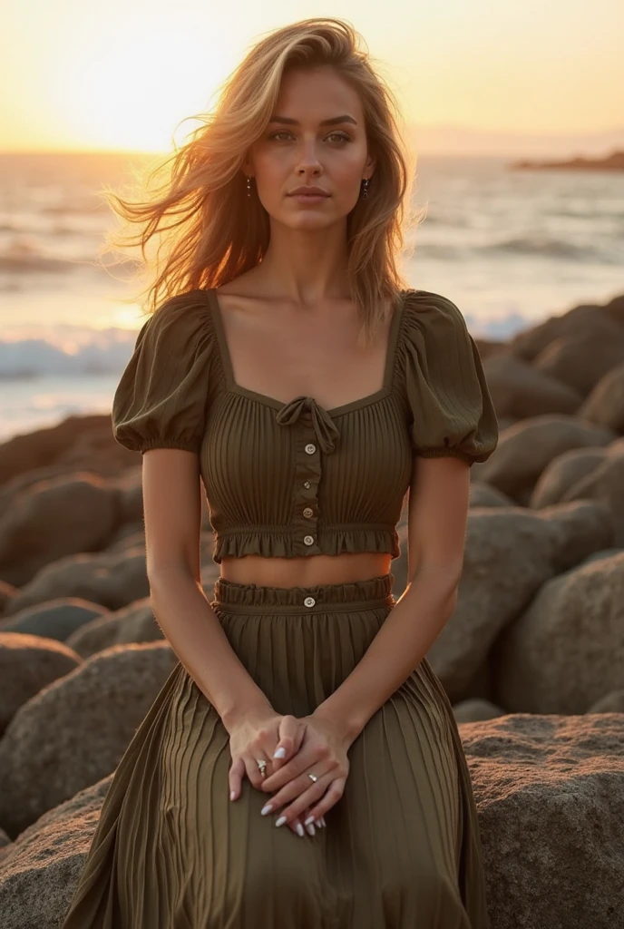 Close-up shot, a western scene, a solo beautiful blonde woman standing next to a split rail fence in a flower-filled meadow in the Sawtooth Mountains in Idaho as the sun sets; wearing a short, rough material skirt, bandana top, large breasts, nipples covered, 4k extremely photorealistic, uhd 4k highly detailed, ((ethereal lighting, ultra-high res.photorealistic:.1.4, (high detailed skin:1.2), 8k uhd, dslr, high quality, film grain, Fujifilm XT3,(masterpiece) (best quality) (detailed) (cinematic lighting) (sharp focus) (intricate)
