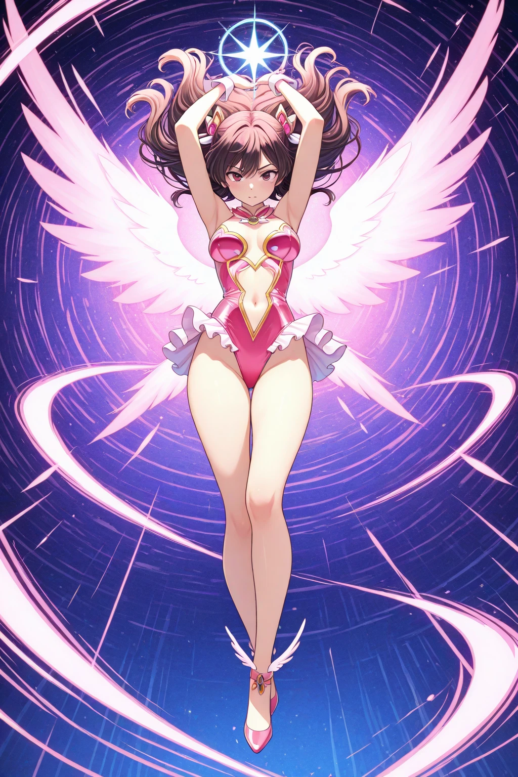 ((masterpiece)). ((best quality)), ((highres)), 1girl, solo, short hair, brown hair, purple eyes, (full body), standing, (sleeveless white and red leotard with yellow accents and star emblem embedded in chest area), (matching white gloves), ((bare legs)), superhero, town backdrop, matching boots, medium breasts, 20 age, spinning around, super speed, wind particles, dust particles, tornado particles, wind swirls, tornado swirls,