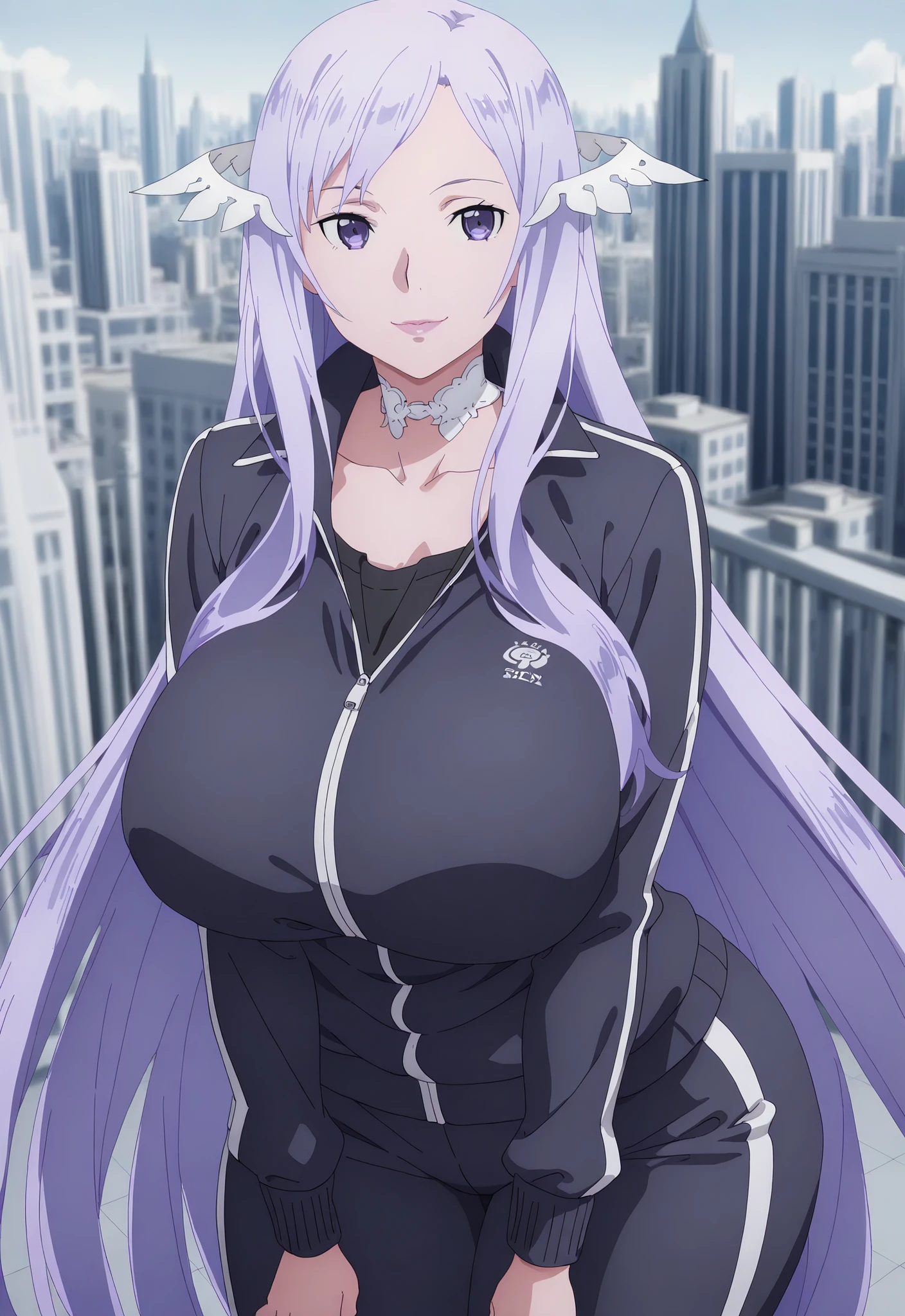 anime coloring, quinella, 1girl, Mature Female, long hair, light purple hair, purple eyes, huge breasts, big butt, smile, Lips, view detailed body, (((Sexy,))) (( track jacket, black pants , track suit , black shirt , collarbone , long sleeves, black pants,)), city,