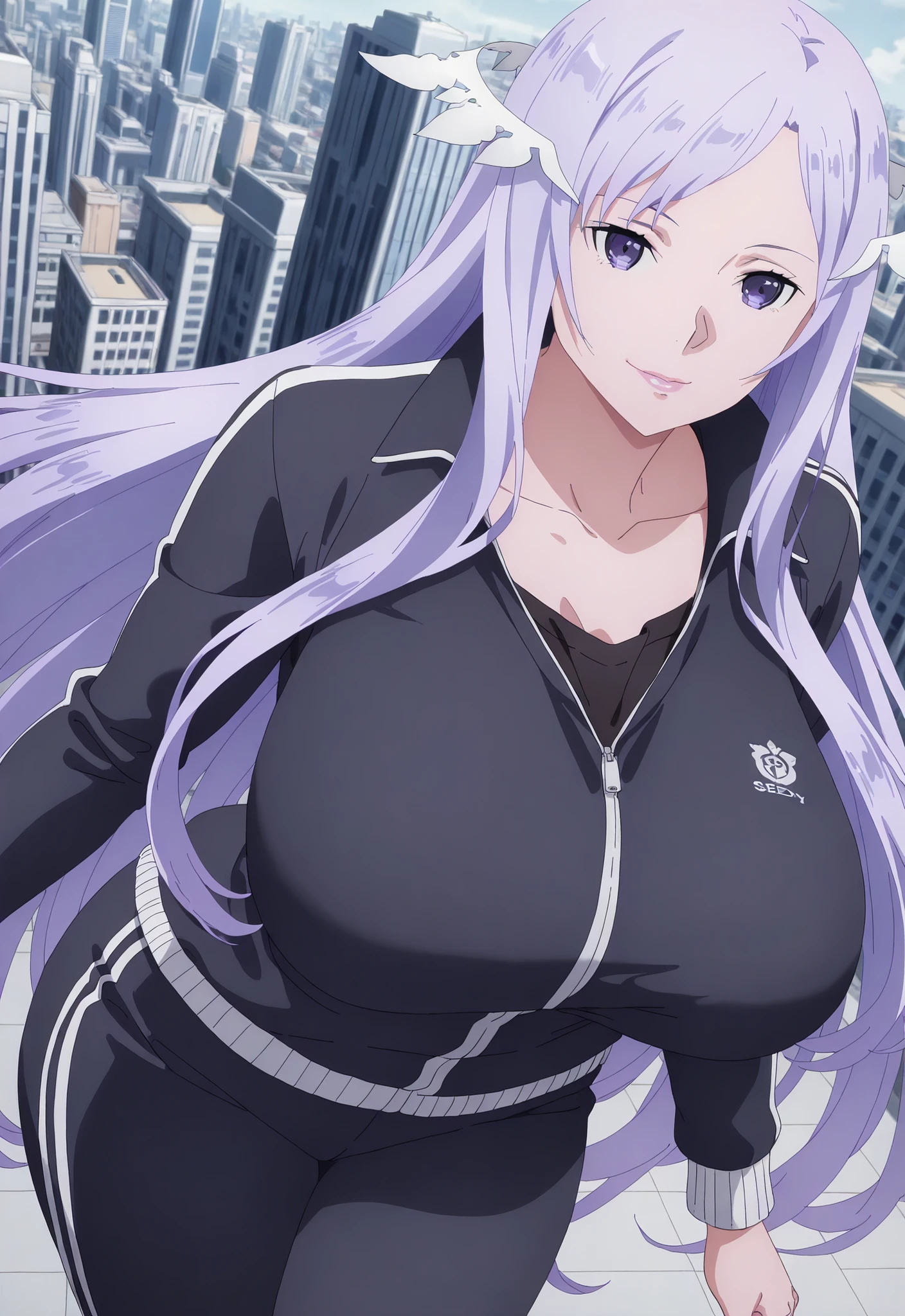 anime coloring, quinella, 1girl, Mature Female, long hair, light purple hair, purple eyes, huge breasts, big butt, smile, Lips, view detailed body, (((Sexy,))) (( track jacket, black pants , track suit , black shirt , collarbone , long sleeves, black pants,)), city,