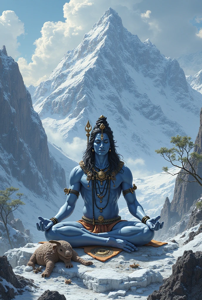 Lord Shiva having masculine physique meditating on mount kailash smiling divine face