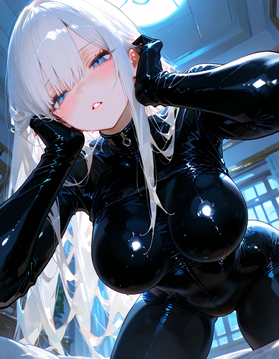 (((masterpiece))), (((best quality))), ((ultra-detailed)), (illustration), ((an extremely delicate and beautiful)), ((super detail)), ((high resolution)), (((nsfw))), ((cybernetic)), (futuristic), fantasy, (seductive), (((erotic))), (((20 years old))), (pussy juice), camel toe, (((ultra-huge breasts))), (maid), (android), delicate metal decorations, gleaming skin, shiny body, two legs, ((female masturbation)), soaking wet, breast focus, ((tall), slender legs, ((big round eyes)), cute eyes, drooping eyes, very light makeup, biopunk, ((adult)), in stasis tank, right hand on the clitoris and left hand on the breast and no other hands are exist, two hands, in suspicious broken laboratory, electrical shining line on the body, (((open legs))), five fingers, no extra hands, seductive smile, single side braid, shoulder length hair, ((slender)), (elderly), breasts are covered by slime suit, slime girl, melting,