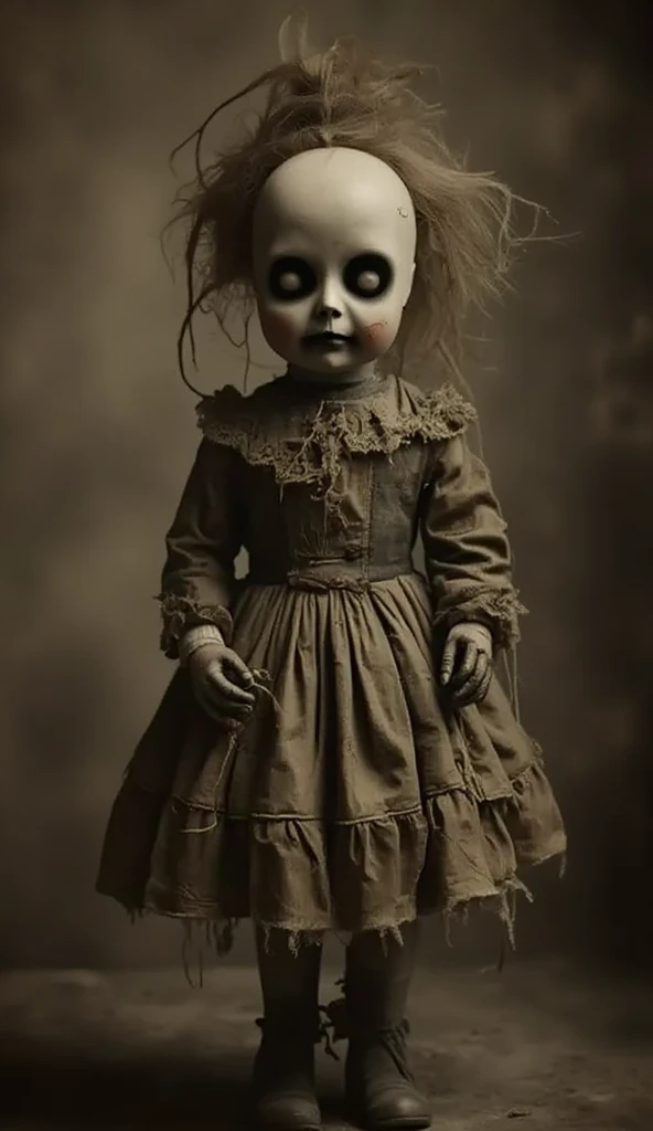 An antique porcelain doll with short, shoulder-length dark blonde hair, a torn white antique dress with cracks in it, and glowing glass eyes, sits on a dusty shelf in a dark, disorganized thrift store. Sunlight streams in through the window, creating eerie shadows around it.