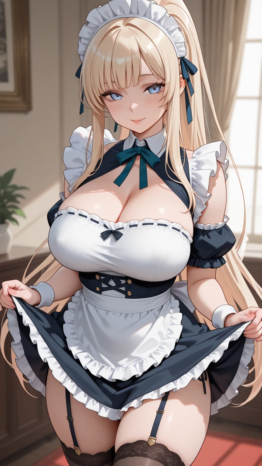 ((highest quality、High resolution))、beautiful girl、perfect body、beautiful ample breasts、nipple、Long blonde、maid、Looks embarrassed、spread your legs wide、((POV、straddling、having sex))