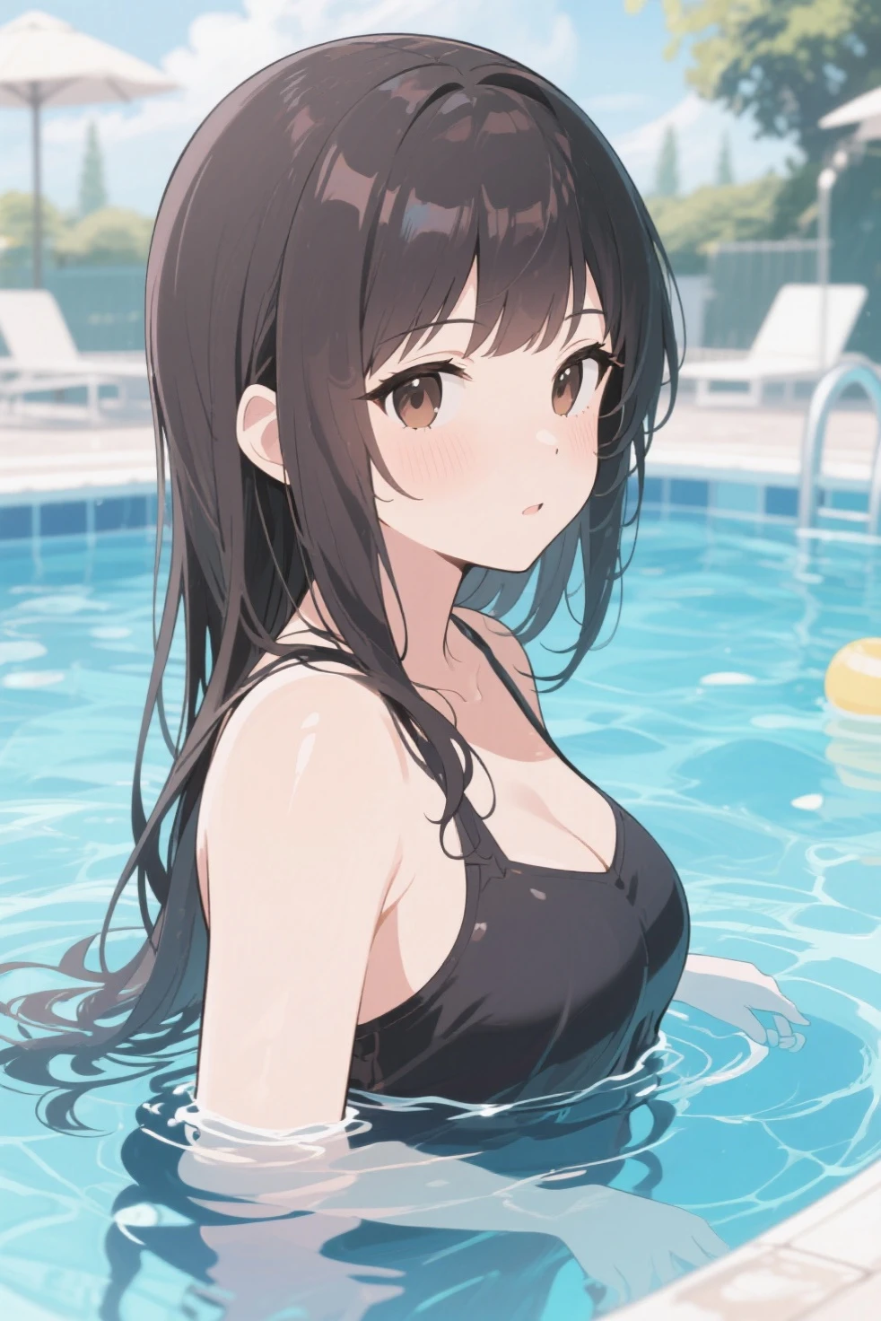 1girl solo, huge breast, (black long hair:1.3), (bangs:1.5), blue eyes, white camisole, spaghetti strap, cleavage, partially submerged, in mud, flooding up to the chest, upper body, (seductive smile:1.3), bathtub:1.3), tile wall,