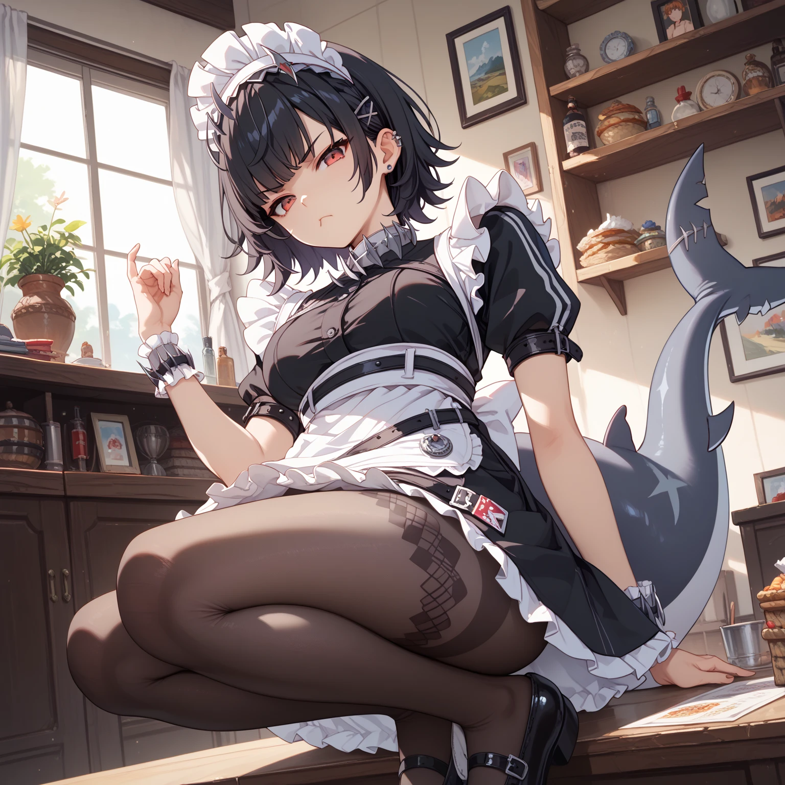 ryoshu \(project moon\),nsfw,1girl,solo,
indoor,kitchen,(dusky),dishcloth,stacked plates,
red eyes,black hair,blunt bangs,short hair,high ponytail,jitome,kneehighs,(disgust),clenched teeth,endured face,
maid headdress,maid,apron,long sleeves,black dress,long hair,maid apron,dress,white bow,white apron,hair bow,ascot,black gloves,expose your panties,white panties,black stockings,(very dirty black stockings),very dirty feet,
sitting,(lift the bottom of the skirt),lift your feet,step on the lens,looking at viewer,
pantyshot,foot focus,ground view,foot close-up,wide_shot,<lora:LimbusCompany Style:1>,