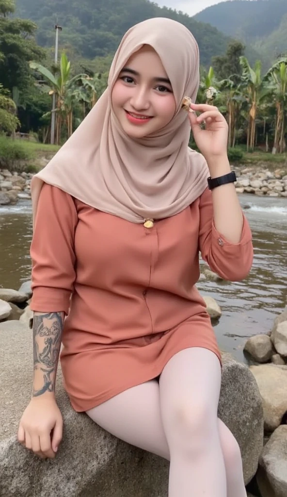 (masterpiece, best quality:1.3, fisheye), extremely high detailed, intricate, 8k, HDR, cinematic lighting, front pov ((garden:1.4, bent over against pov, hands grabing viewer )), slim waist, wide hips, narrow face, plump cheeks, small , wearing a pink gym outfits, at the garden, malay women wearing hijab.
