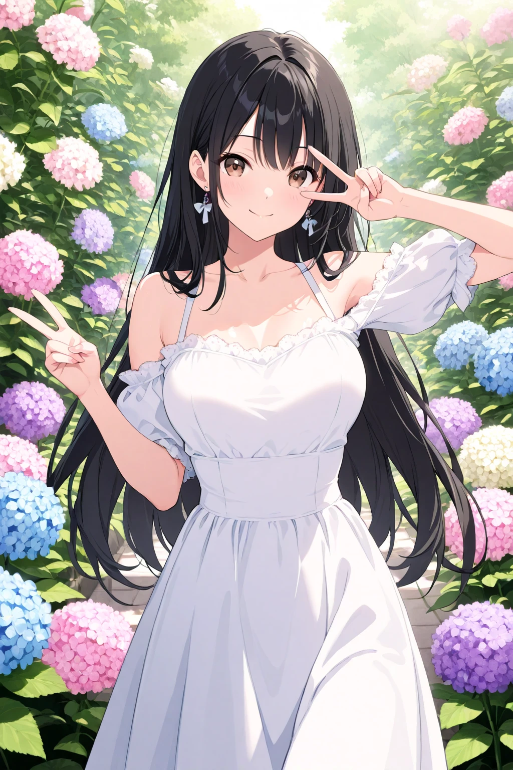 Beautiful girl in a white dress、17 years old、cleavage、bare shoulders、straw hat、summer、field road、Run