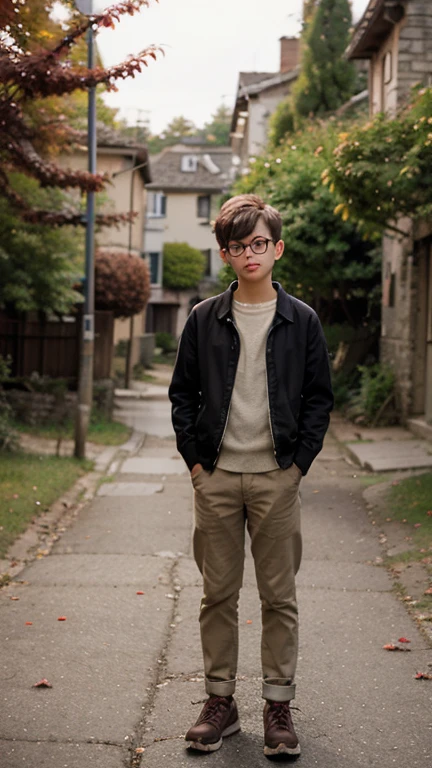 max lightwood was a 9 year old boy, cute, handsome, with dark brown hair and gray blue eyes, big glasses, dark gray coat, black pants, with a shelf of manga and story books, in the background a room with a wooden bed, poster of drawings