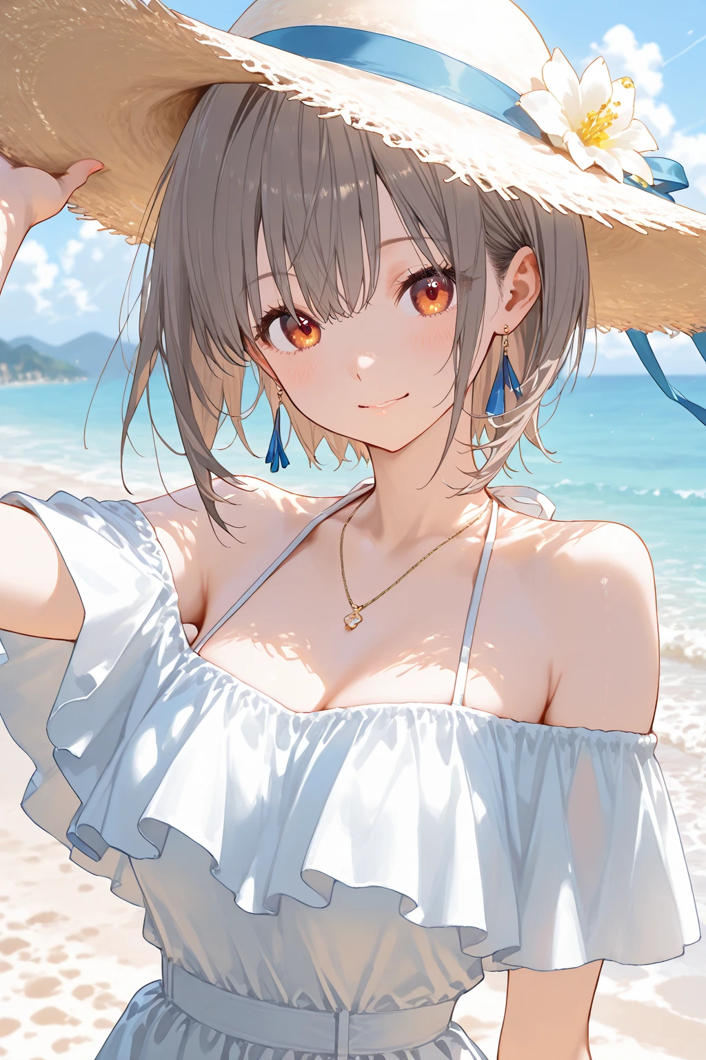 （（（​masterpiece））、（（（top-quality））、（（extremely delicate and beautiful））、（Highly detailed CG Unity 8K wallpapers：1.3）、very delicate light、（Back lighting）、（steampunc）、

/=、
(((cowboy body))、(1loli:1.3)、独奏、(小柄)、(small tits)、Yellow swimsuit、High Waist Shorts、Vermilion hair、red eyes、耳环、(Wavy Curly Shorthair)、(Ahoge)、(Cute face:1.114)、(finely eye:1.15)、(cute  face:1.114)
、（Beautiful fine eyes and beautiful face：1.15）、
Girl with a smile、Look happy in a beautiful tropical landscape。Behind her the sun went down、Bring a warm glow to the scene、It creates a dreamy atmosphere。In the distance、Palm trees swaying in the breeze、sand beach、suns、the beach、mare、Horizon, etc.、It creates a laid-back retro atmosphere。

Highly detailed ray tracing