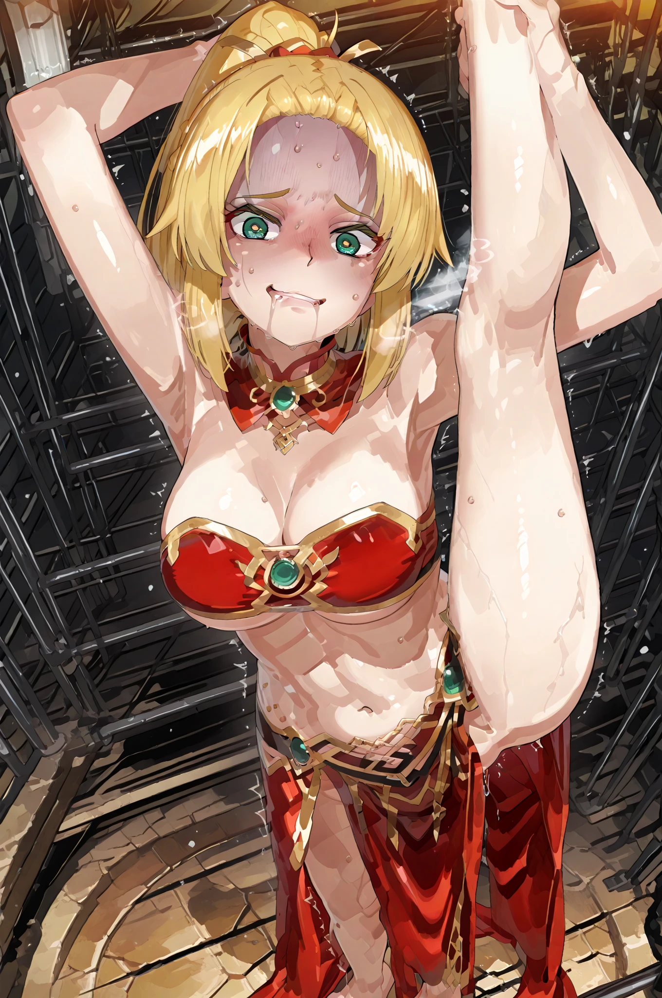 Masterpiece, Best Quality, illustration, city, 1girl, Mordred \(fate\), collarbone, Detailed blond hair ponytail braid, green eyes,,navel,thigh-high, covered_pussy,flat_chest,long_sworddangerousbeast,elbow_gloves,
,wolf_tail,wolf_ears,fang,happy,nihil,smile,spread_legs,claw_pose,armpits,open_mouth,angry,squat,bikini_bottoms,rise_hands,Highquality_hads,perfect_fingers,