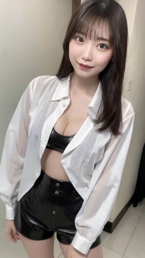 a selfie of a sexy secretary with black long straight hair, glasses, long nails, gigantic droopy tits, opened black collared silk shirt, nice big pink lips, nice earrings, nice make up, touching her hair, from below, cleavage