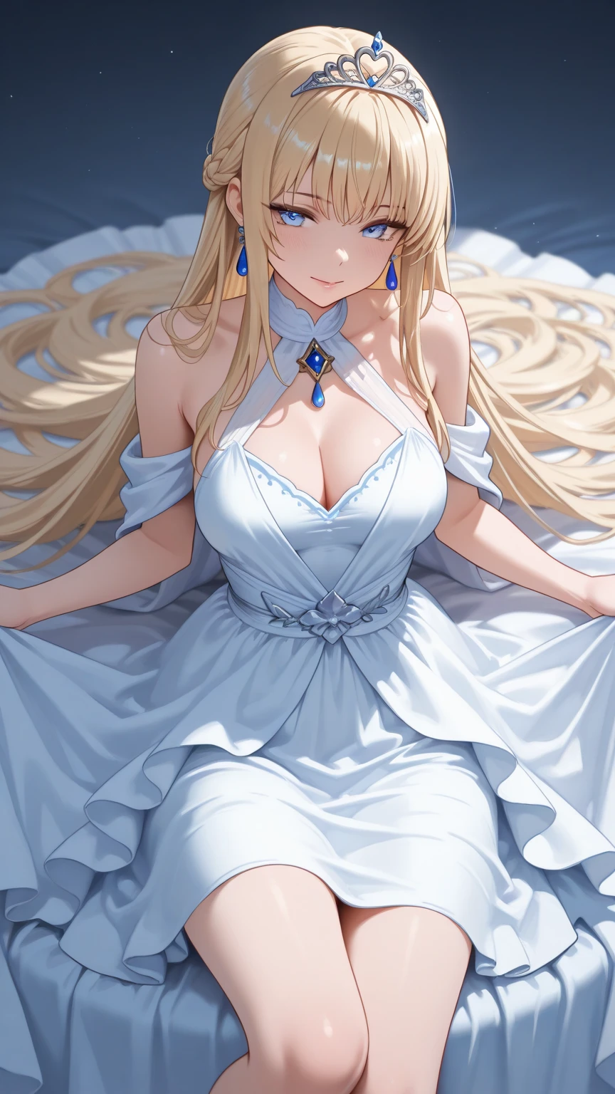 ((highest quality、High resolution))、A beautiful woman、Perfect body、beautiful ample breasts、Long blonde、bangs、Blue and white、Embellished blue sexy dress、skirt、a sexually excited look、I'm inviting you to have sex、Outdoor Scenery