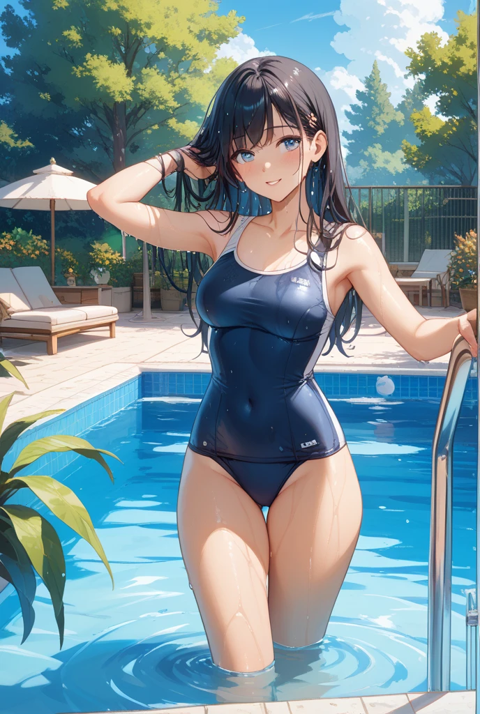 Shiny navy blue school swimsuit、Background plants、Bathing、Full black hair、Standing pose
