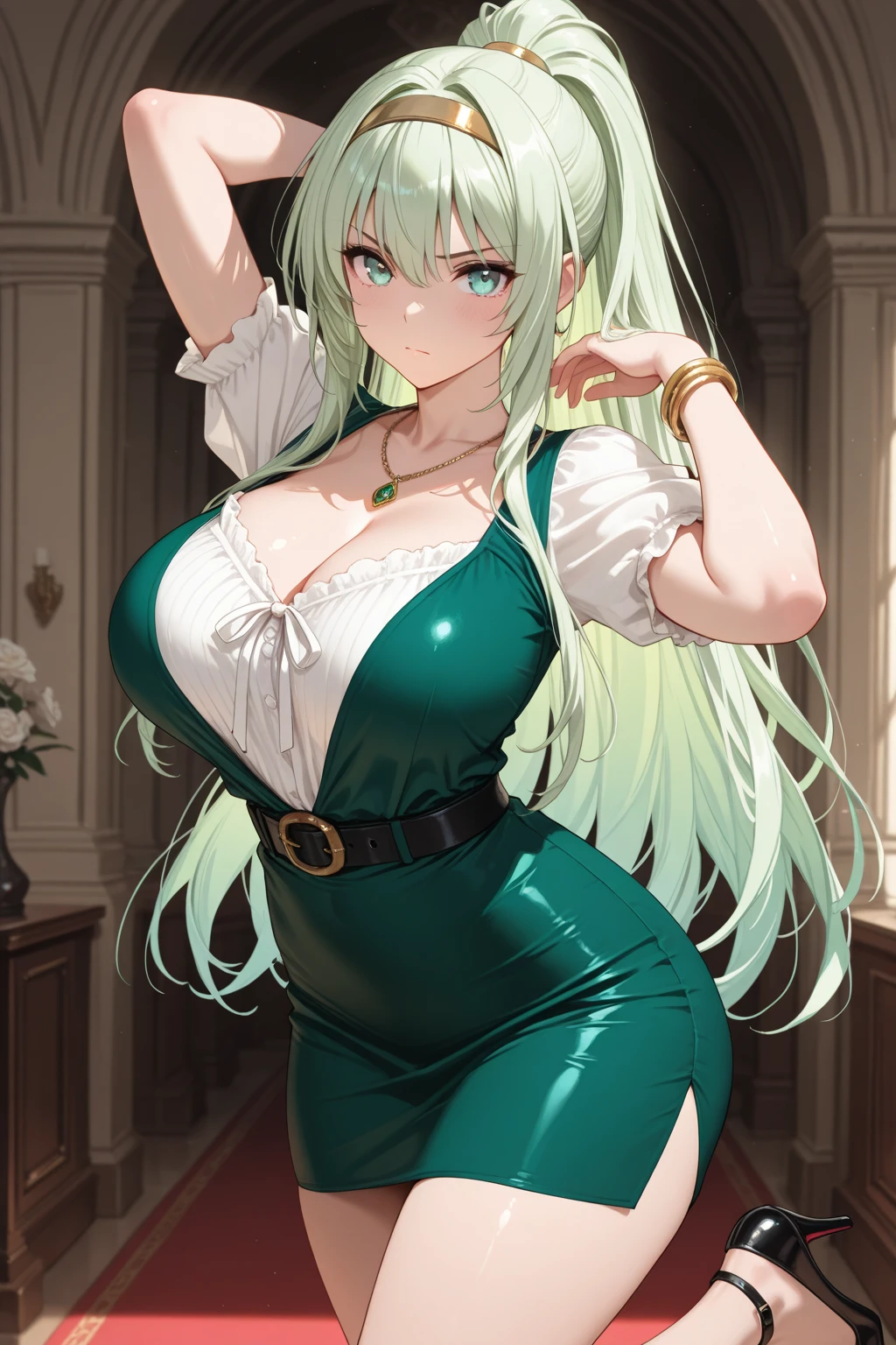 (1girl),(alone),(Full Body Portrait),(with face and body facing fourth wall:1.5),(white skin),(Long green hair and green Long green hair and green eyes),(young),(beautiful and super hot),(structured slim 1girl),(alone),(white skin),(long red hair Red eyes),(young),(beautiful and super hot),(slender body structured),(Super gigantic breasts:1.5),(height 1.75cm),(hot ass),(Wearing),+,(\a short, tight dress that accentuated her slim waist and full hips.)/