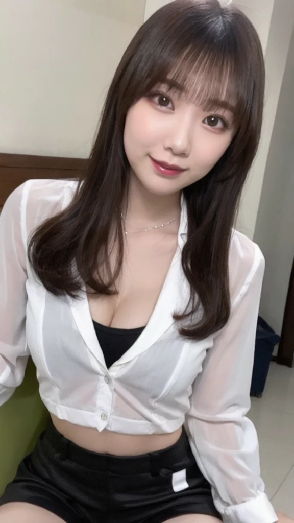 there is a woman sitting on a bed with a white shirt, gorgeous young korean woman, beautiful south korean woman, beautiful young korean woman, clothed in white shirt, korean girl, beautiful asian girl, elegant japanese woman, korean woman, beautiful asian woman, japanese goddess, japanese model, realistic young gravure idol, beautiful japanese girls face, wearing white shirt