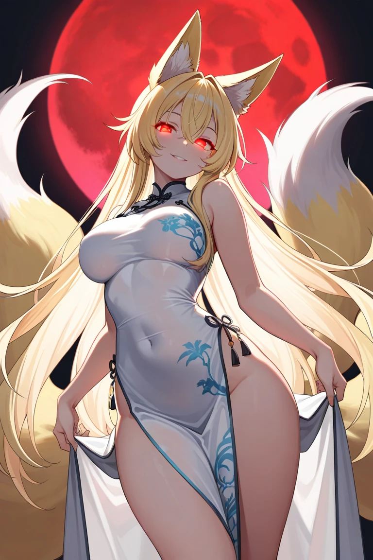 fox girl, sexy, long blonde hair, dress, cleavage, large breasts, fox tail