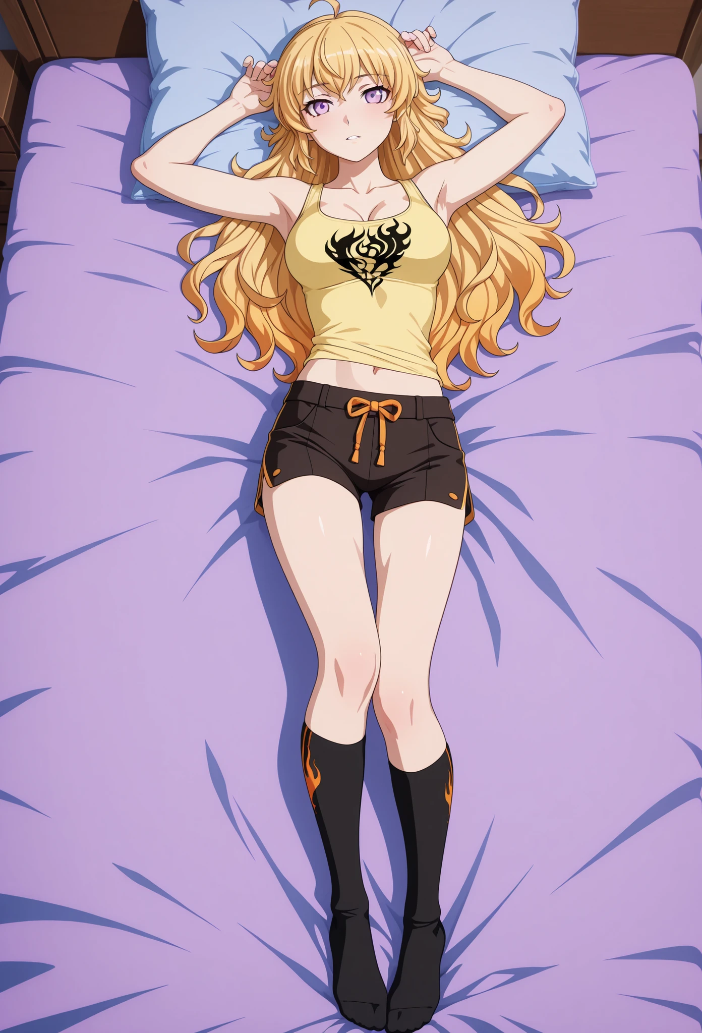 1 girl, solo character, single character, Yang Xiao Long from RWBY, full color, cel shading, vibrant colors, cartoon-style, teenage girl, clean lineart, cel shading, symmetrical face, front view, full body, 2D animation, laying in bed, long wavy golden blonde hair, athletic yellow tank top with a flame emblem, black athletic short shorts, long socks, cute pose, alluring pose, innocent pose, above view, large natural breasts,  petite body, slim legs,